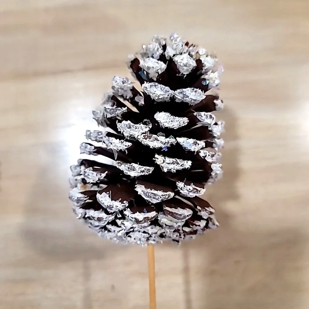 Set Of 3 Large White And Glitter Tipped Pine Cone Picks- Christmas-Porch Pot
